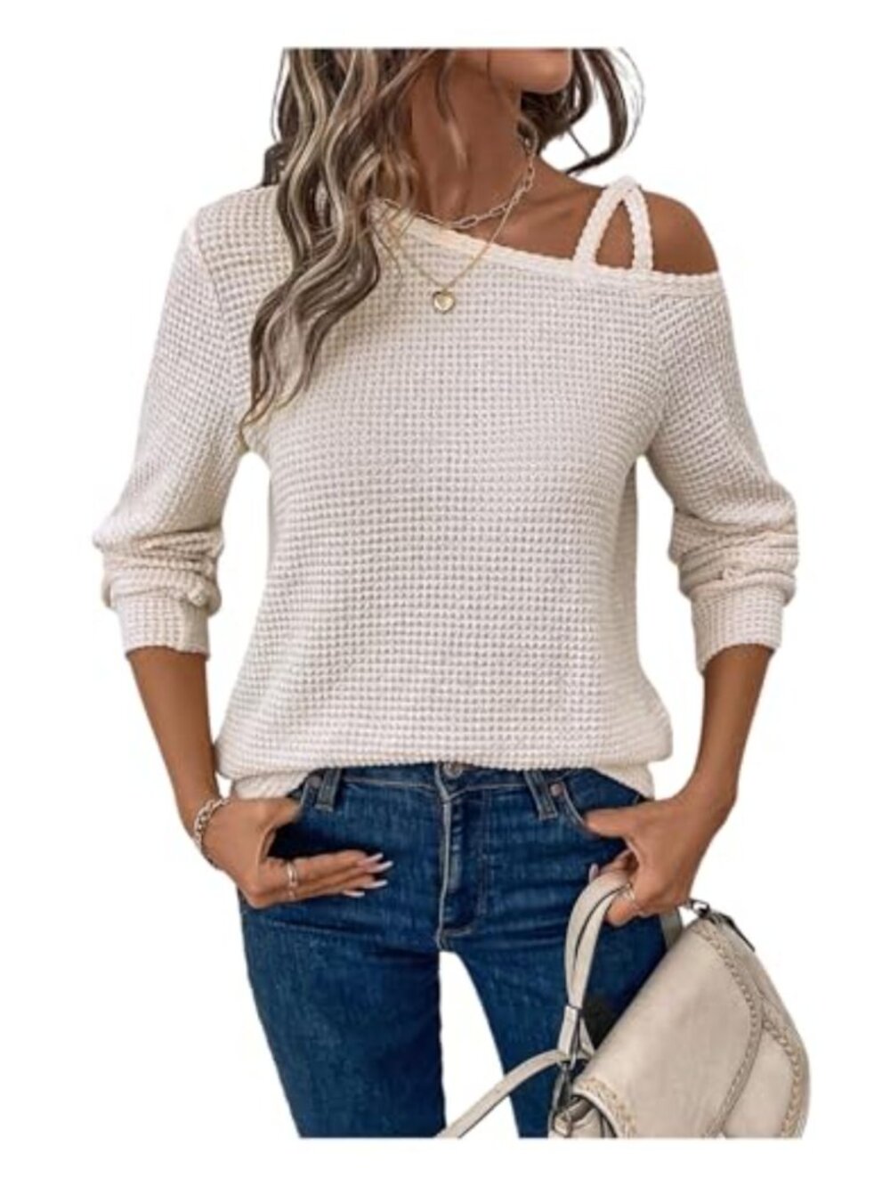 Womens Cold Shoulder Long Sleeve Waffle Knit Tee Top Casual Fall